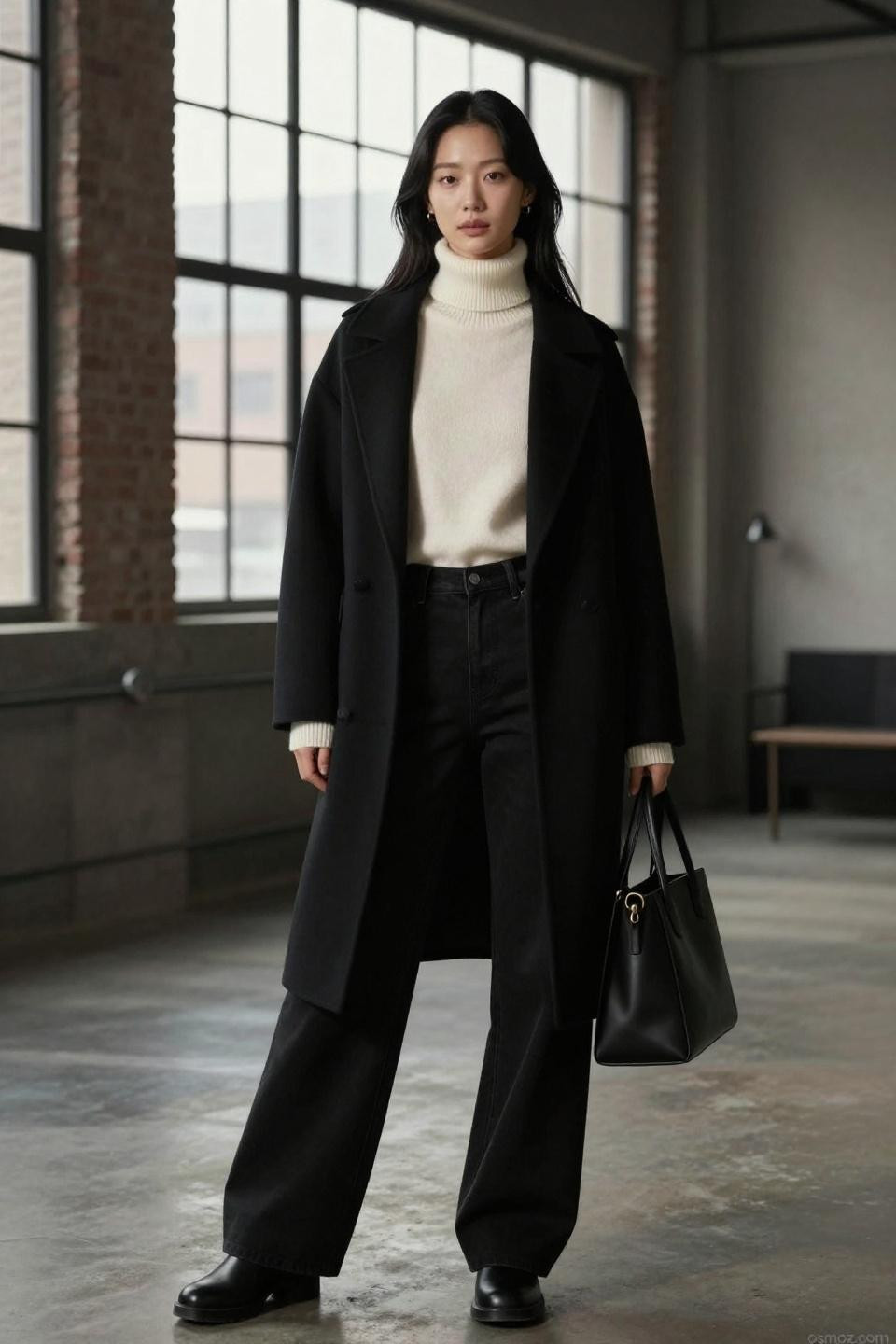Black wide leg pants outfit with ivory cashmere turtleneck and black wool coat
