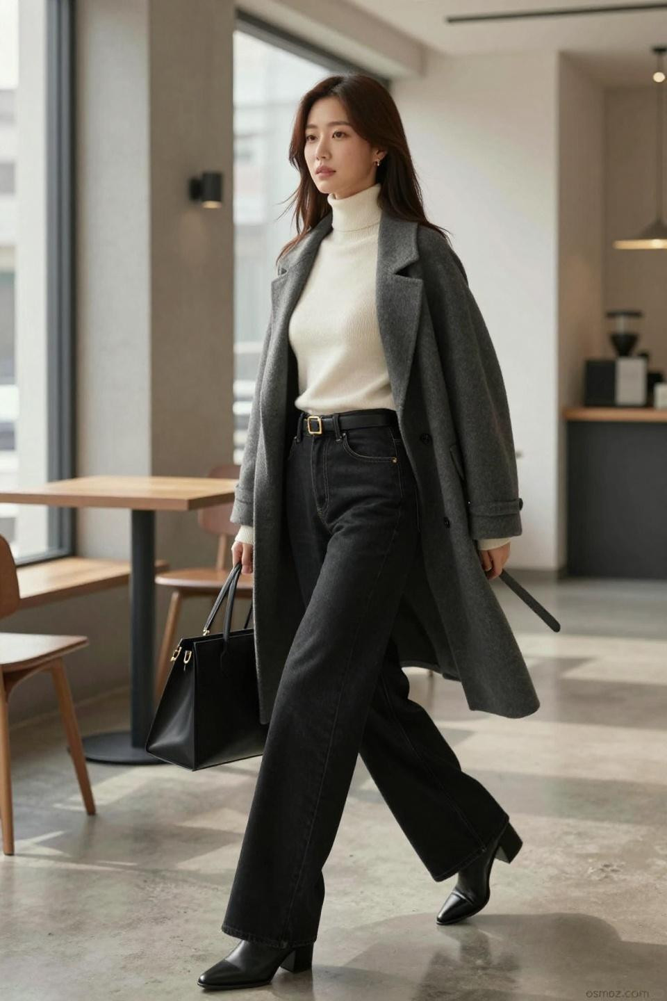 Baggy black jeans outfit with ivory ribbed turtleneck and charcoal gray coat