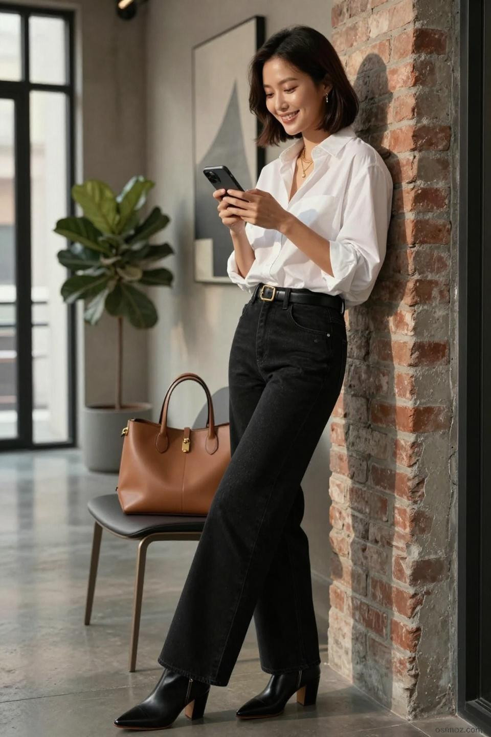 Black flare jeans outfit with oversized white shirt and camel leather tote