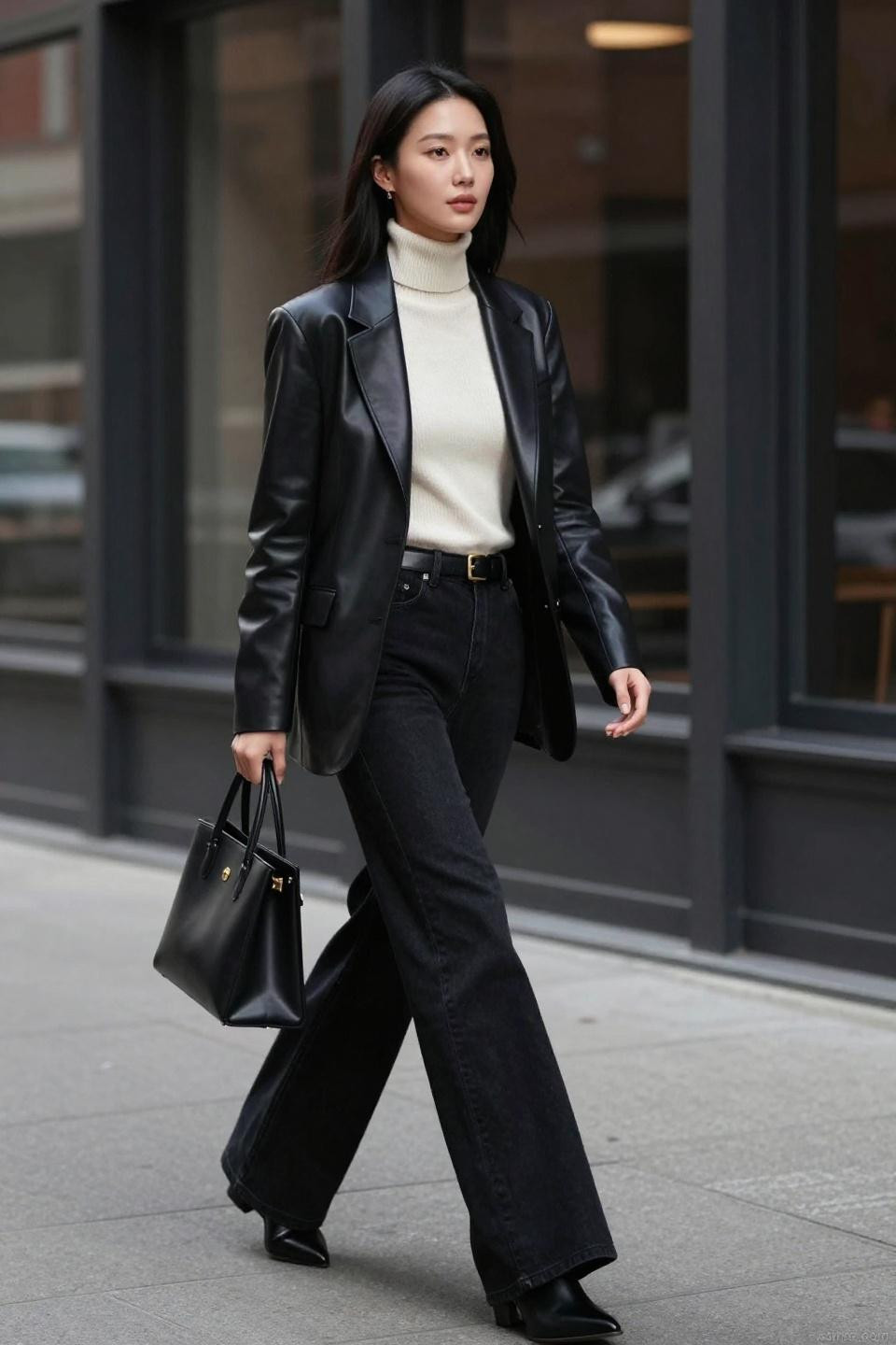 Black wide leg trousers outfit with ivory ribbed turtleneck and black leather blazer