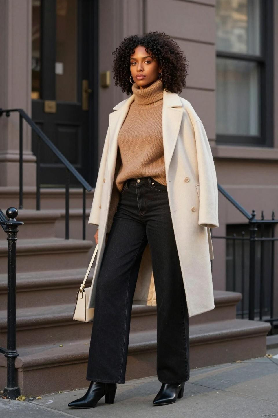 Wide leg jeans outfit winter with camel cashmere turtleneck and cream wool coat