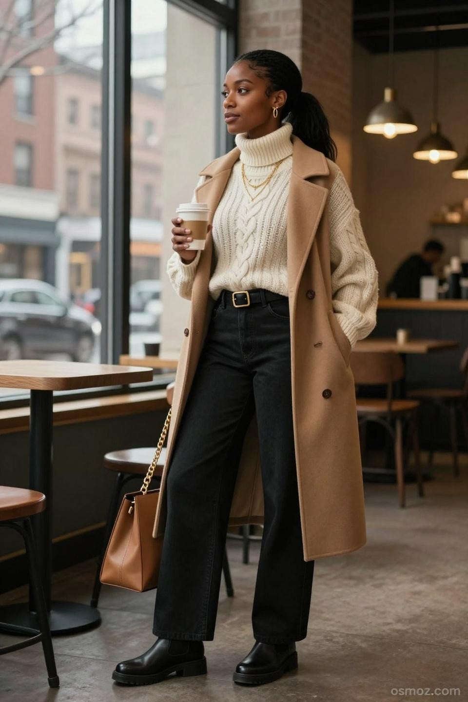 Black jeans outfit winter with cream cable-knit sweater and camel wool coat