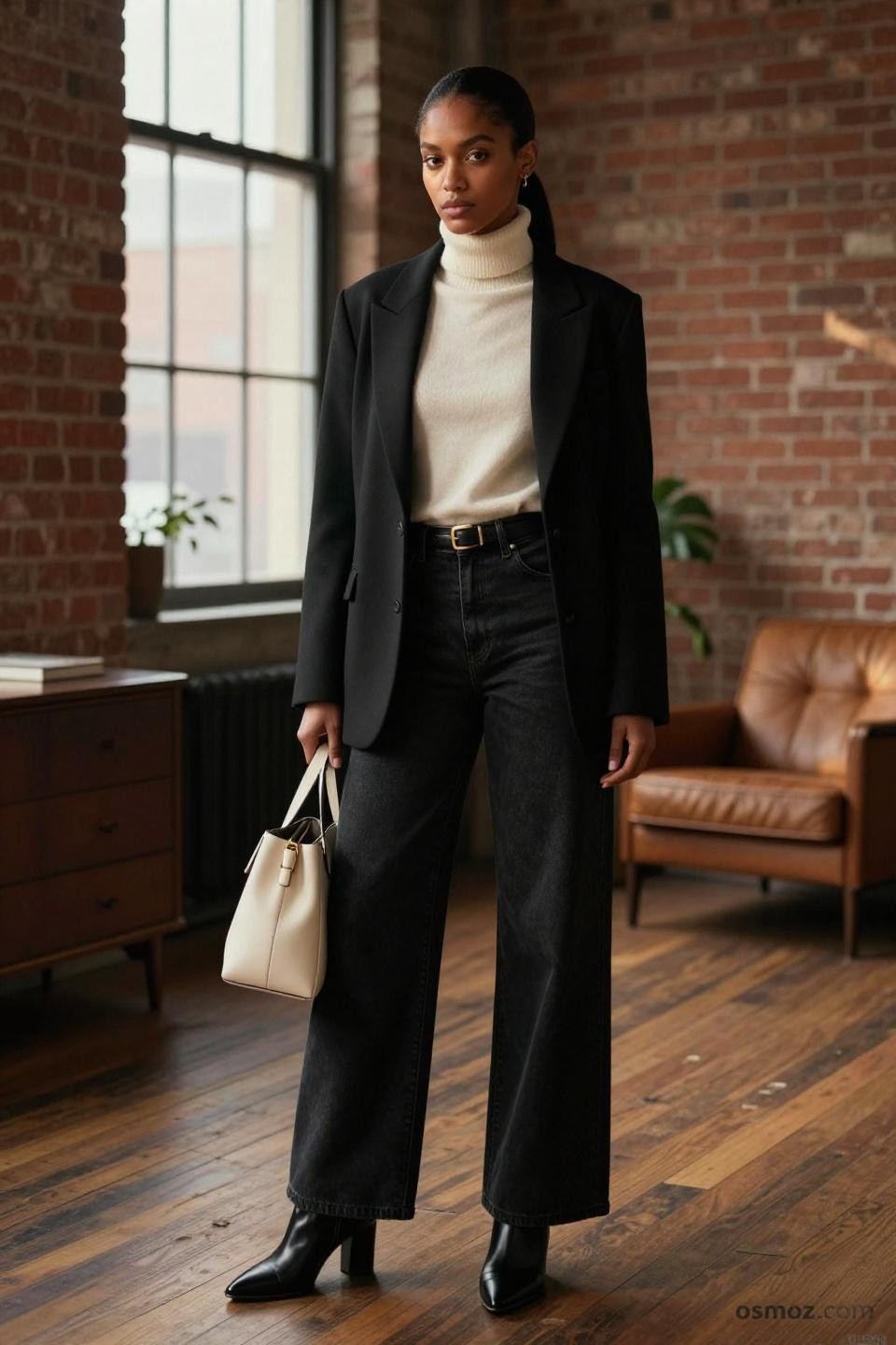 Wide leg jeans outfit ideas with cream turtleneck and black blazer