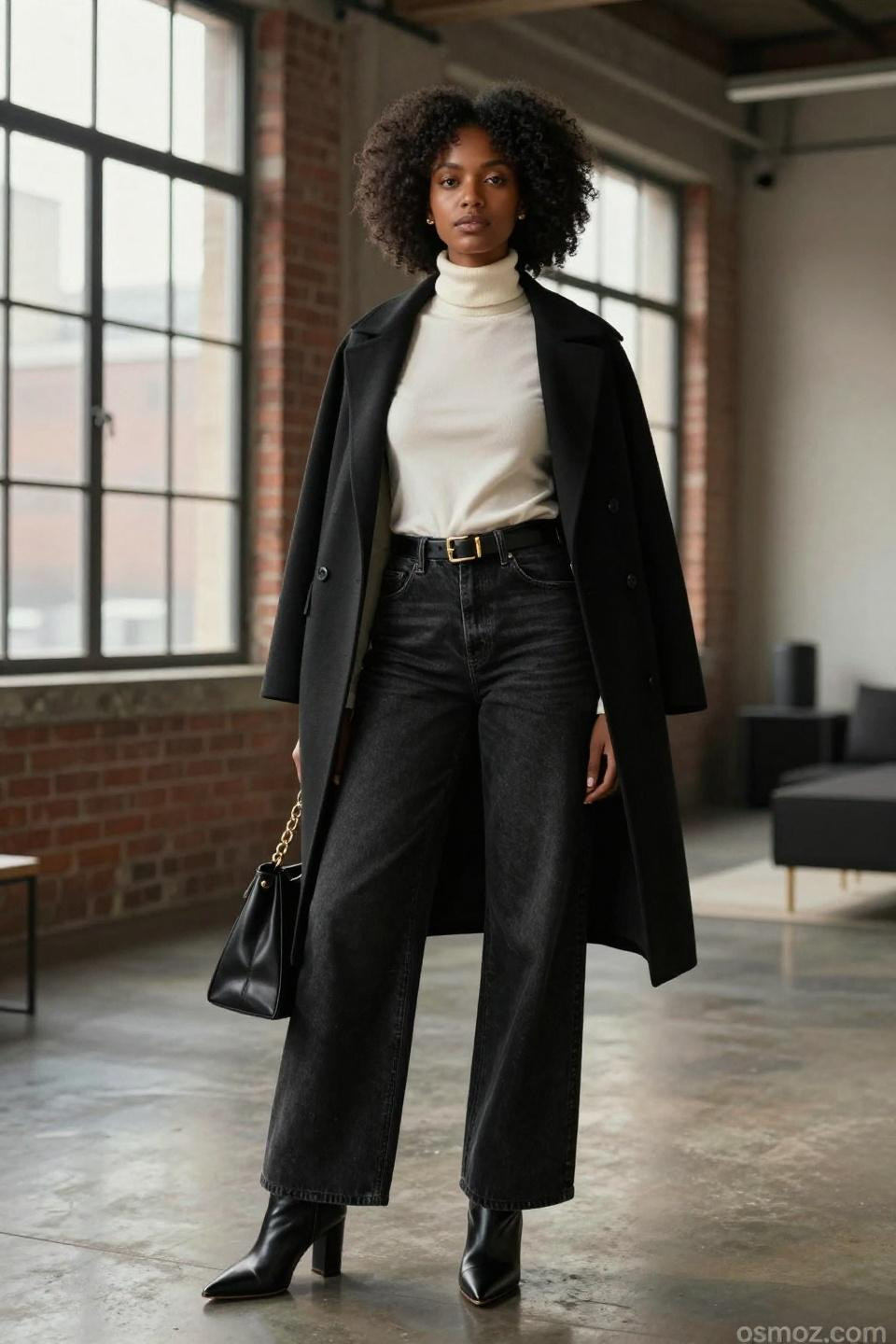 Long wide leg jeans outfit with ivory turtleneck and black wool coat