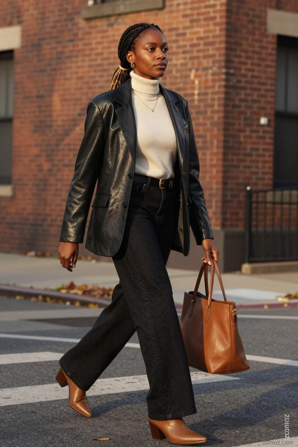 Wide leg jean pants outfit with cream cashmere turtleneck and black leather blazer