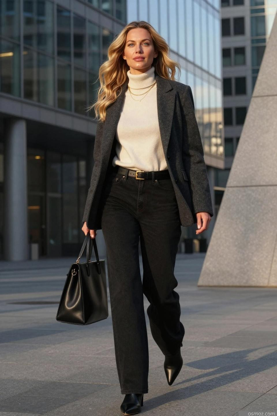 Black denim jeans outfit with cream cashmere turtleneck and charcoal wool blazer