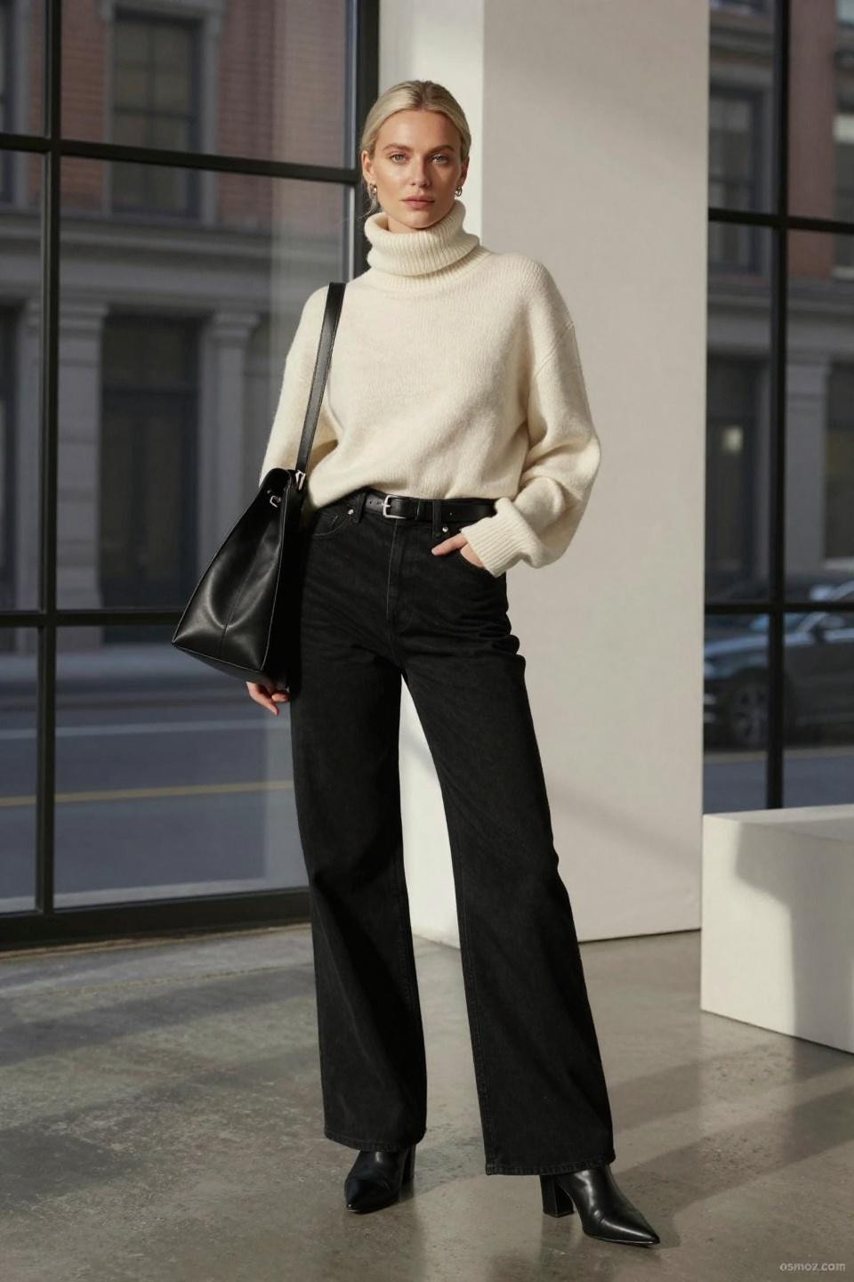 Black wide leg pants outfit with cream cashmere turtleneck and structured blazer