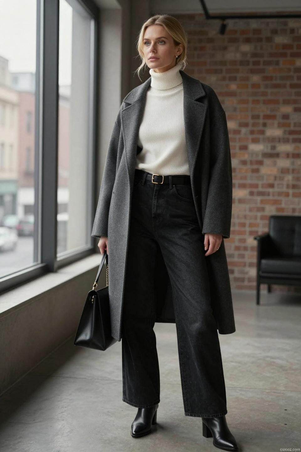 Baggy black jeans outfit with ivory ribbed turtleneck and charcoal wool coat