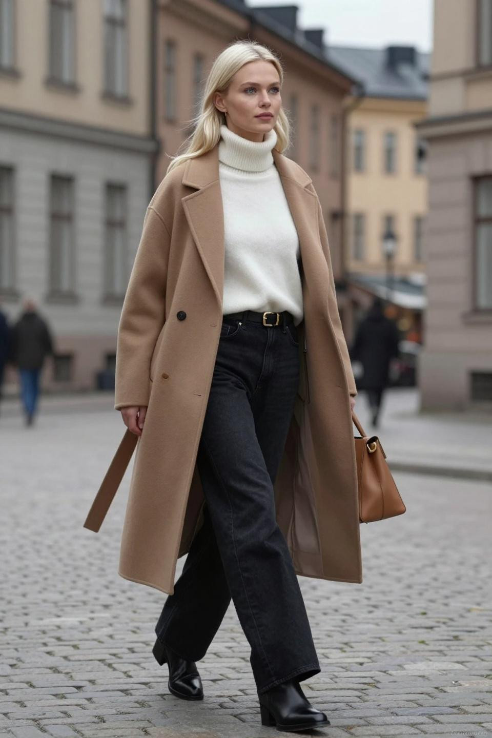 Black flare jeans outfit with oversized white cashmere and camel coat