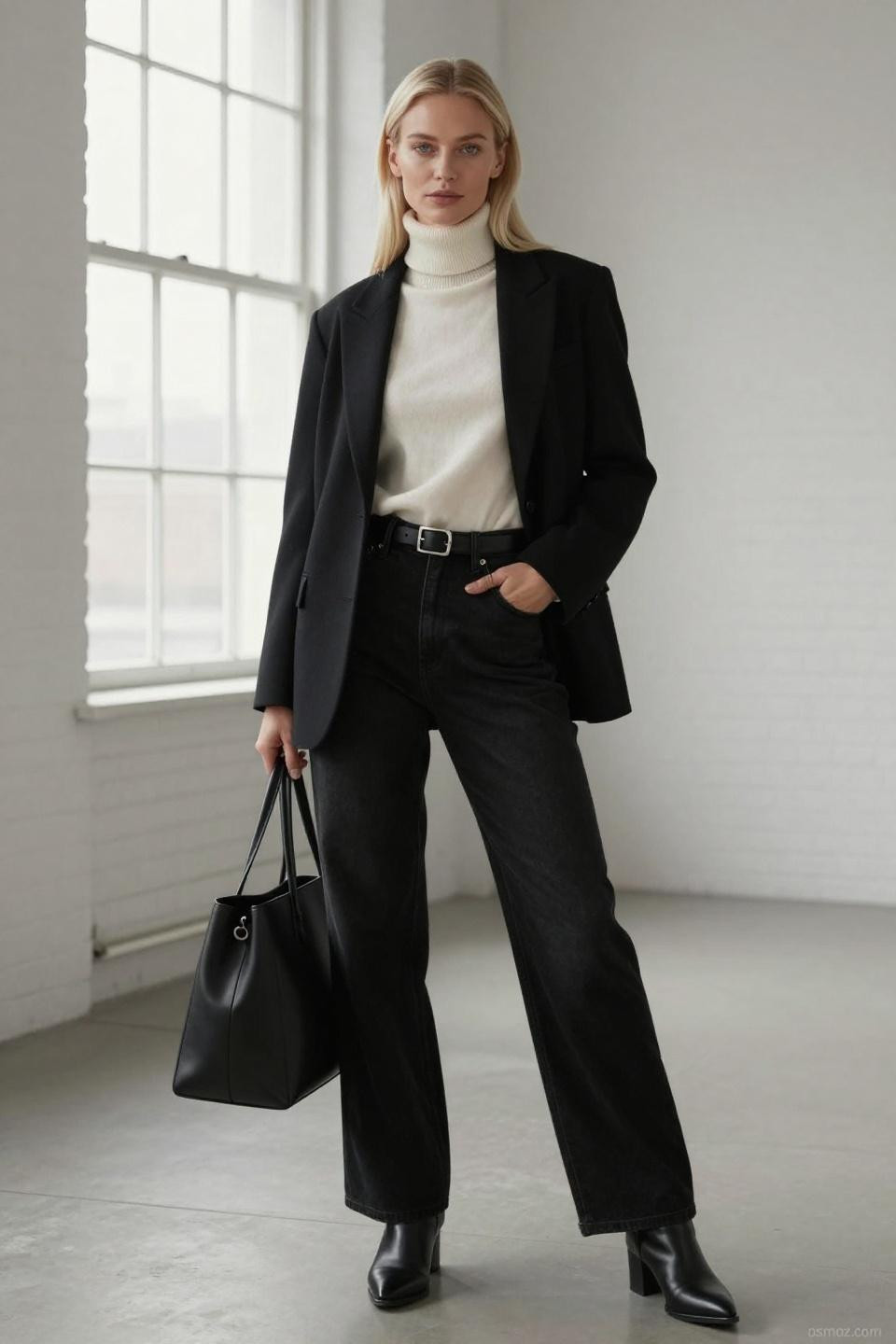 Black wide leg trousers outfit with ivory cashmere turtleneck and tailored blazer