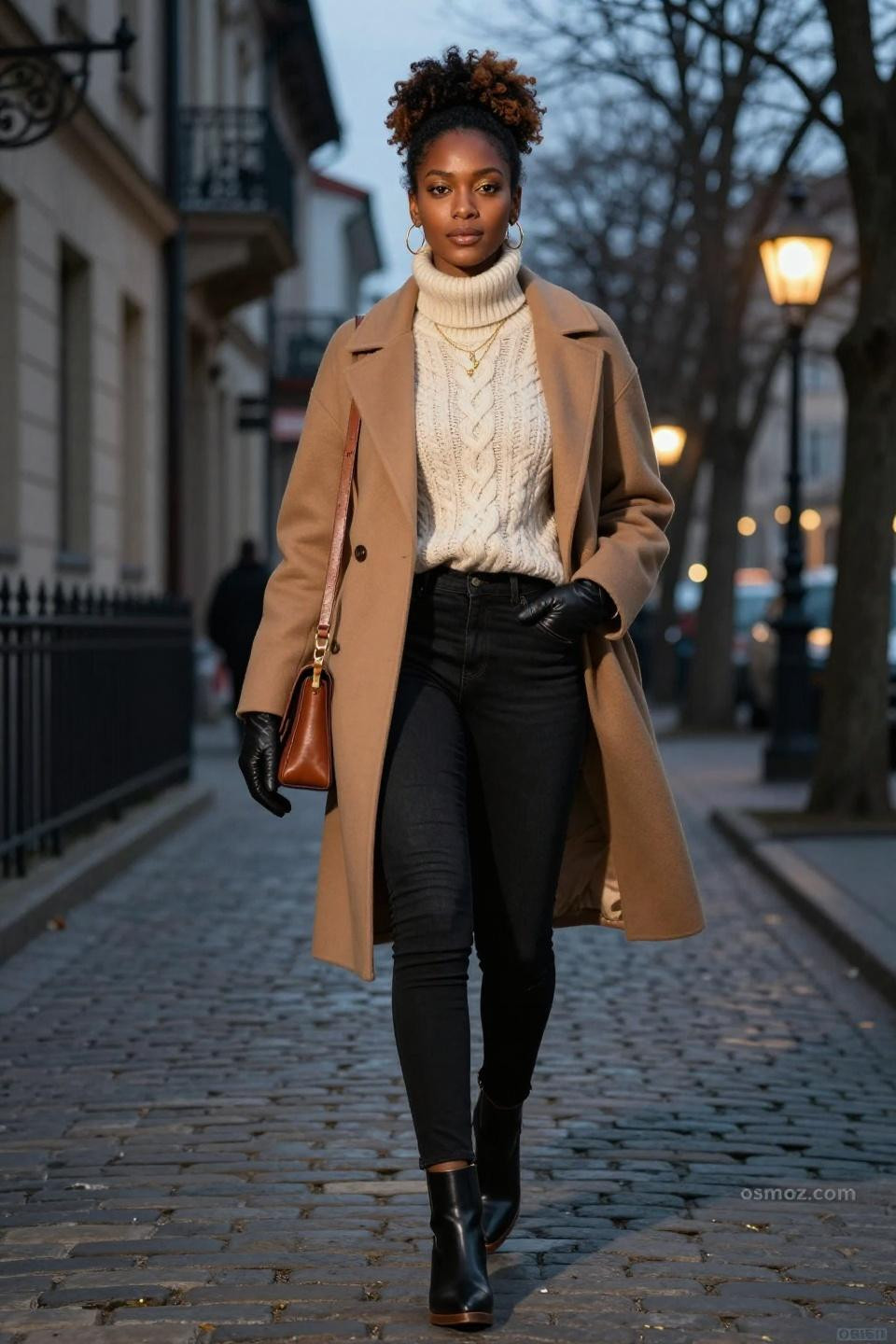 Black denim jeans outfit featuring cream cable knit and camel coat