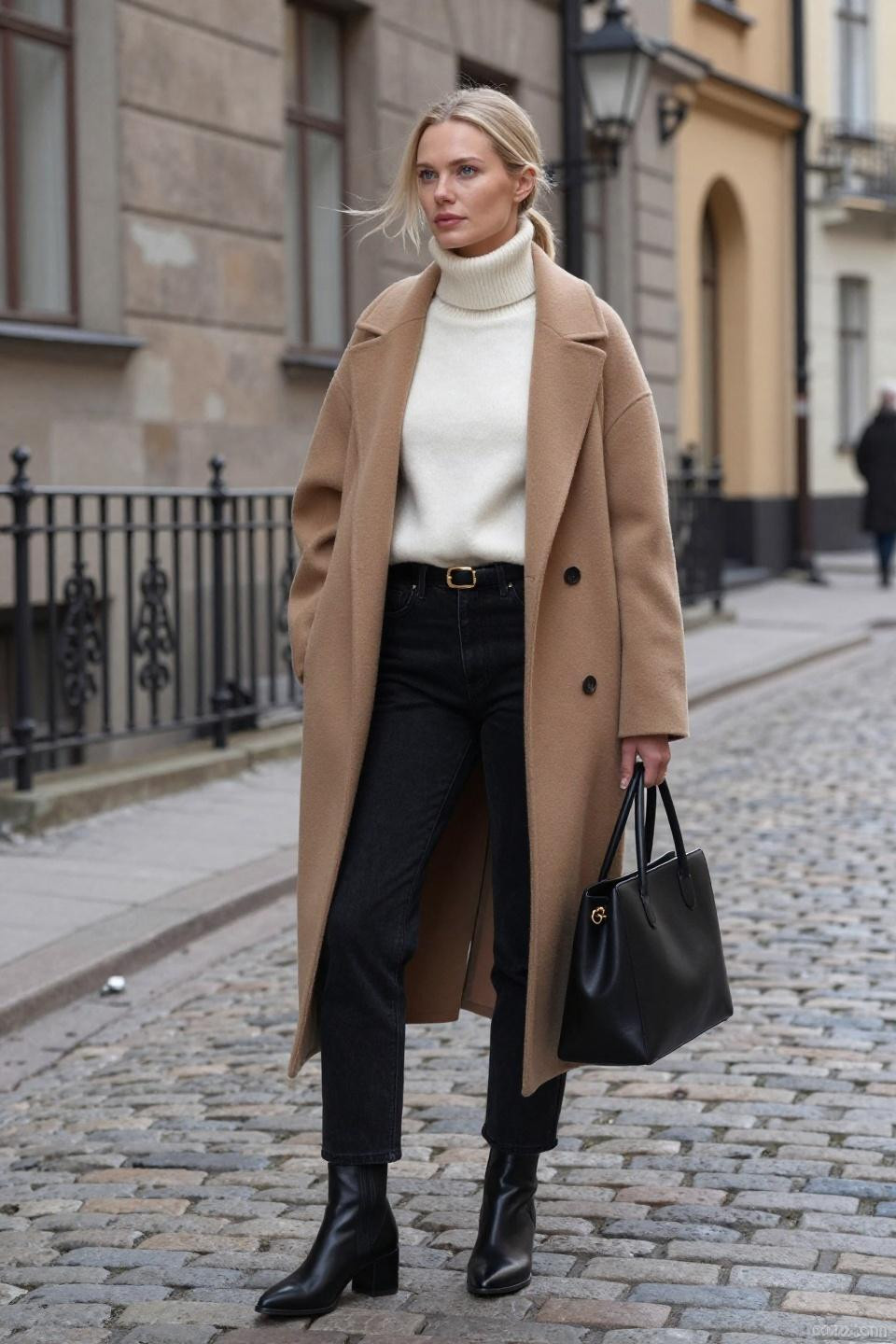 Black jeans fall outfit with cream wool and camel cashmere coat