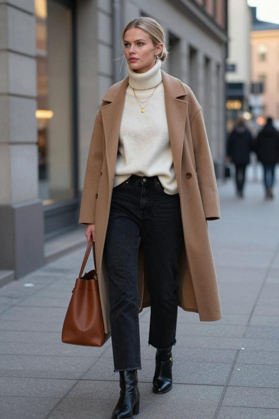 Black jeans outfit ideas with cream cashmere and camel coat