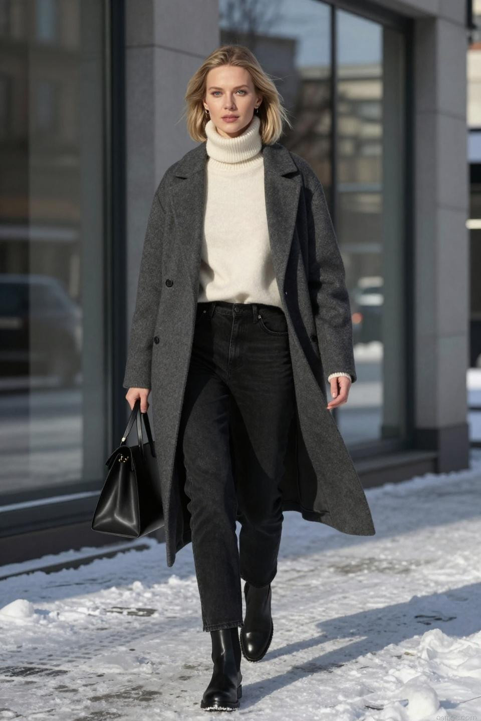 Black pants outfit winter with cream cashmere and charcoal coat