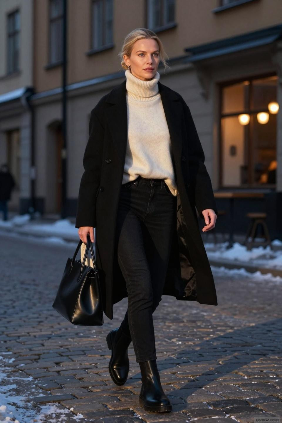 All black jeans outfit with cream knit and structured black accessories