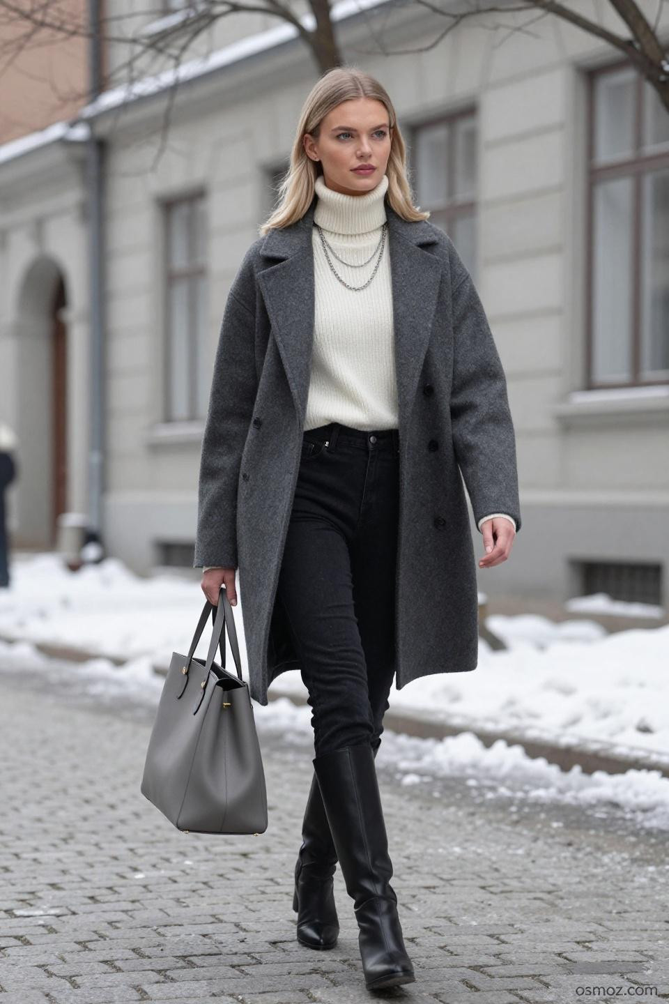 Black jeans and boots outfit with charcoal cashmere and wool coat