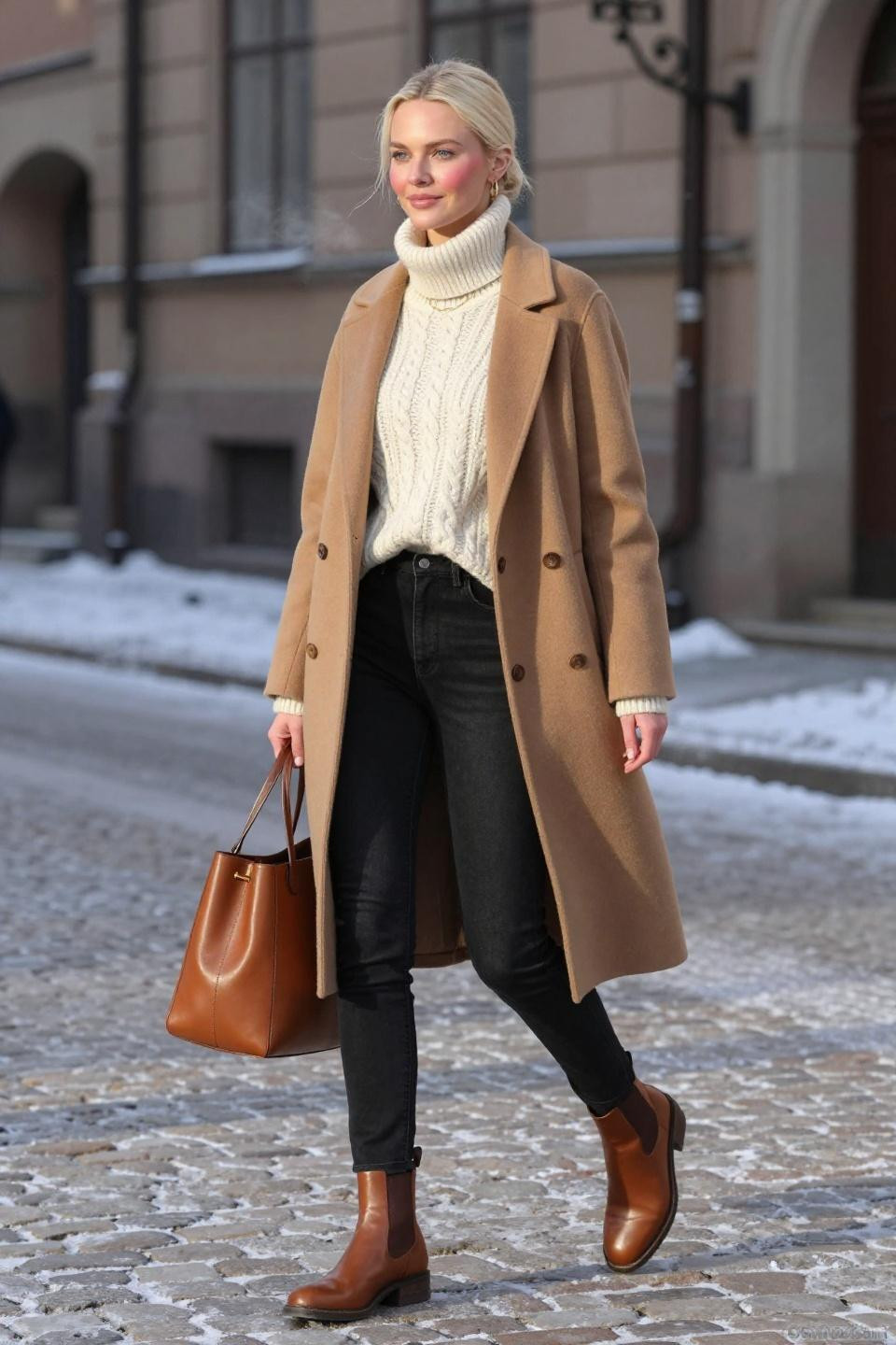 How to style black jeans with cream sweater and camel coat