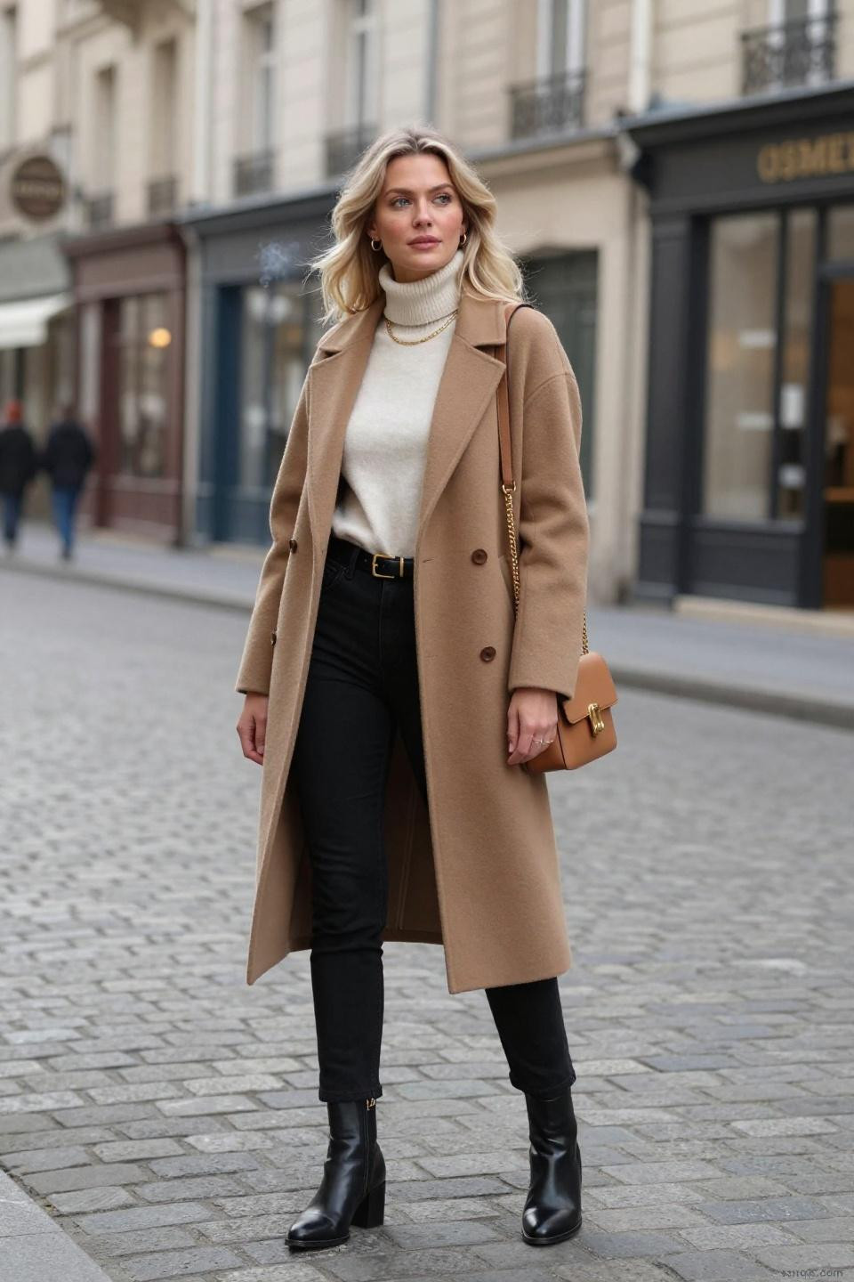 Black jeans outfit autumn with camel coat and ivory cashmere layers