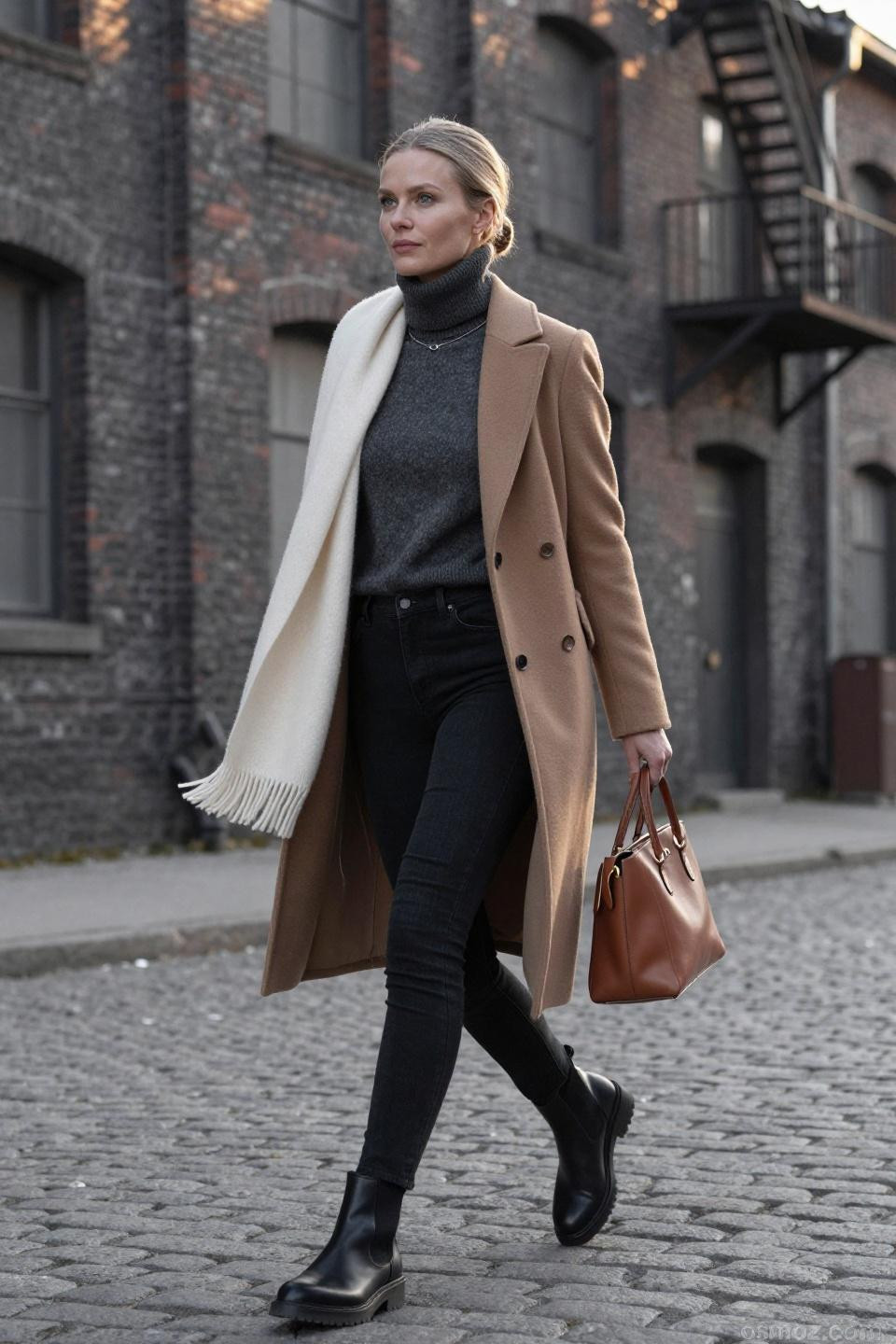 Black denim jeans outfit featuring charcoal cashmere and camel coat sophistication