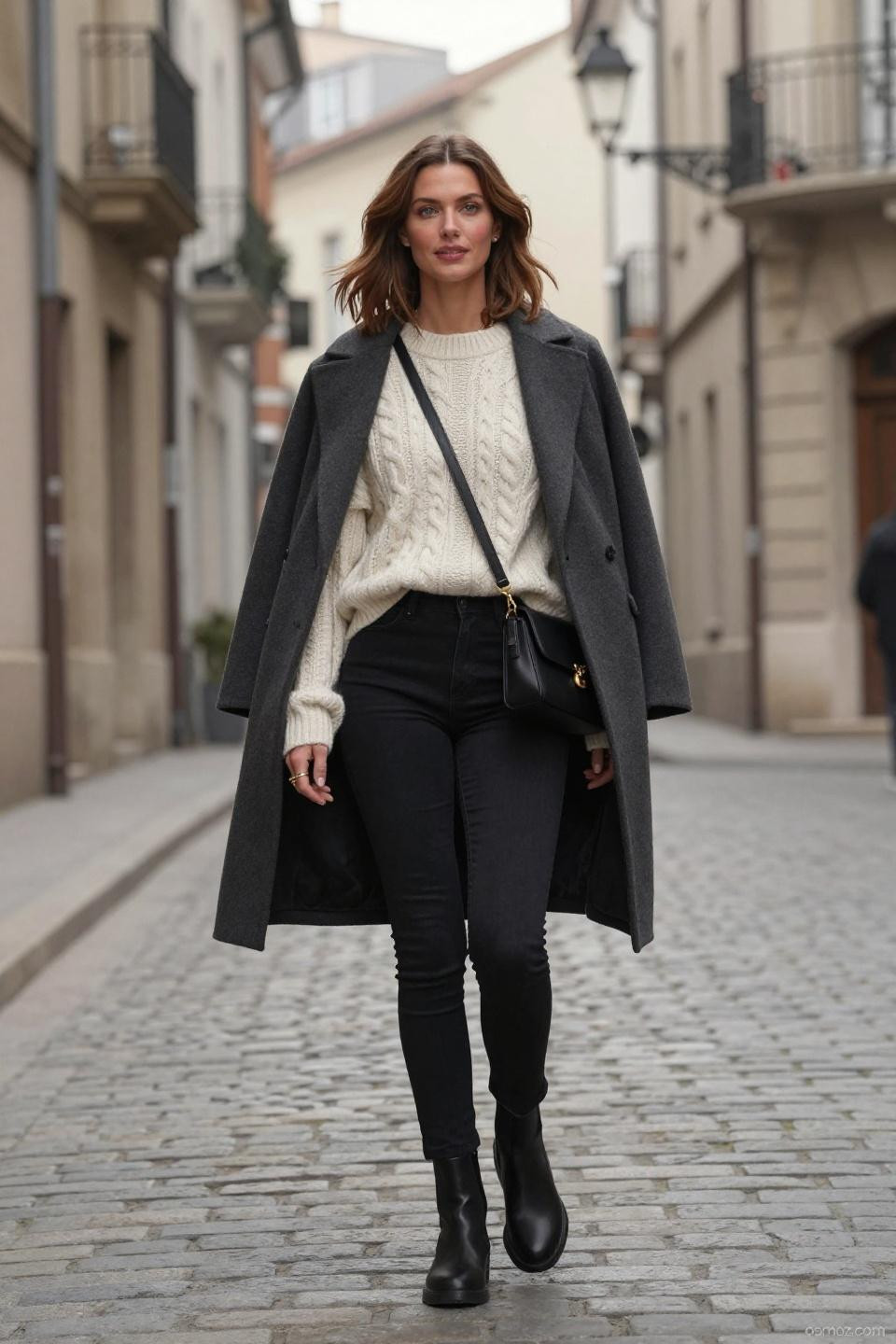 Black jeans fall outfit with cream cable knit and charcoal wool coat