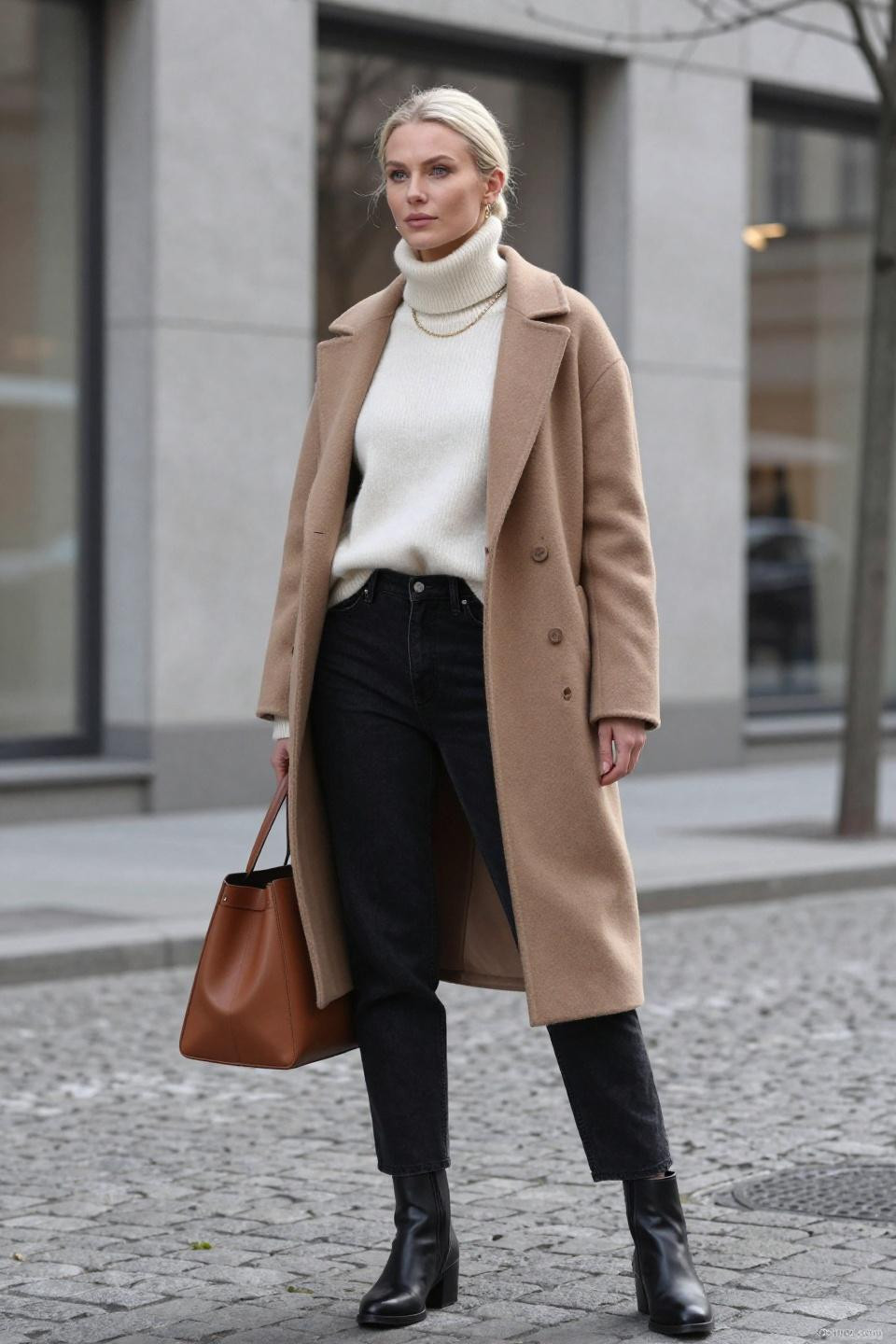 Black jeans outfit classy featuring cream turtleneck and tailored camel coat
