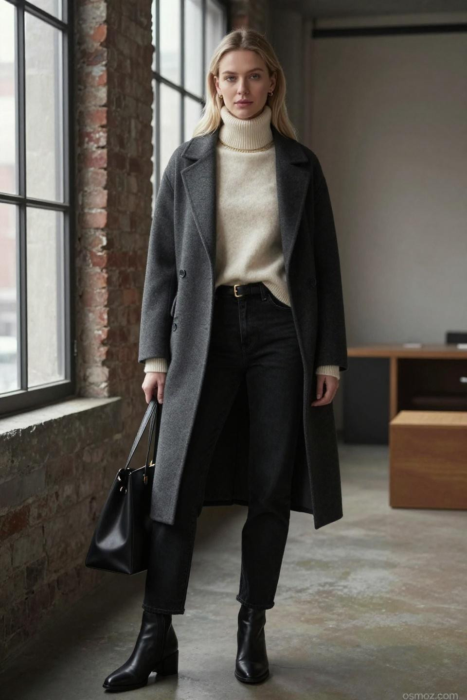 Black pants outfit winter with cream cashmere turtleneck and structured charcoal coat