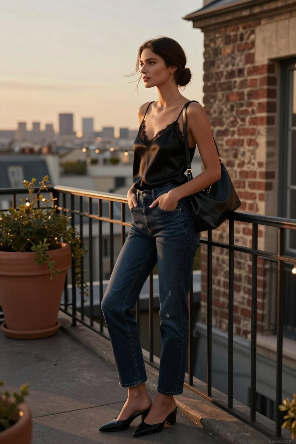 Black top outfit casual with silk camisole and dark indigo straight-leg jeans on rooftop terrace