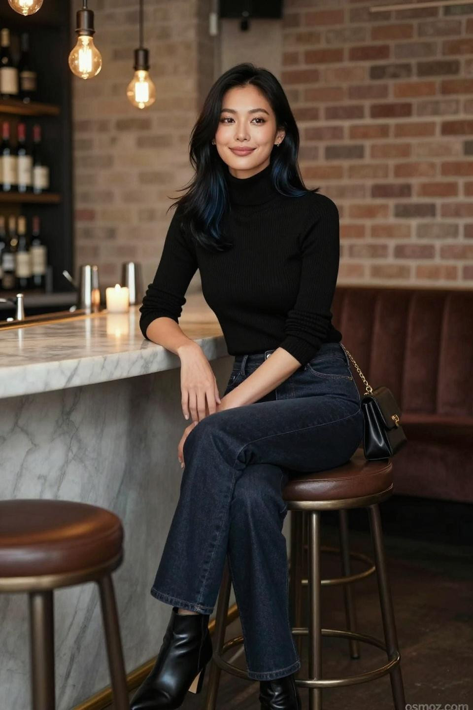 Dinner outfits with fitted black ribbed turtleneck and high-waisted straight-leg jeans