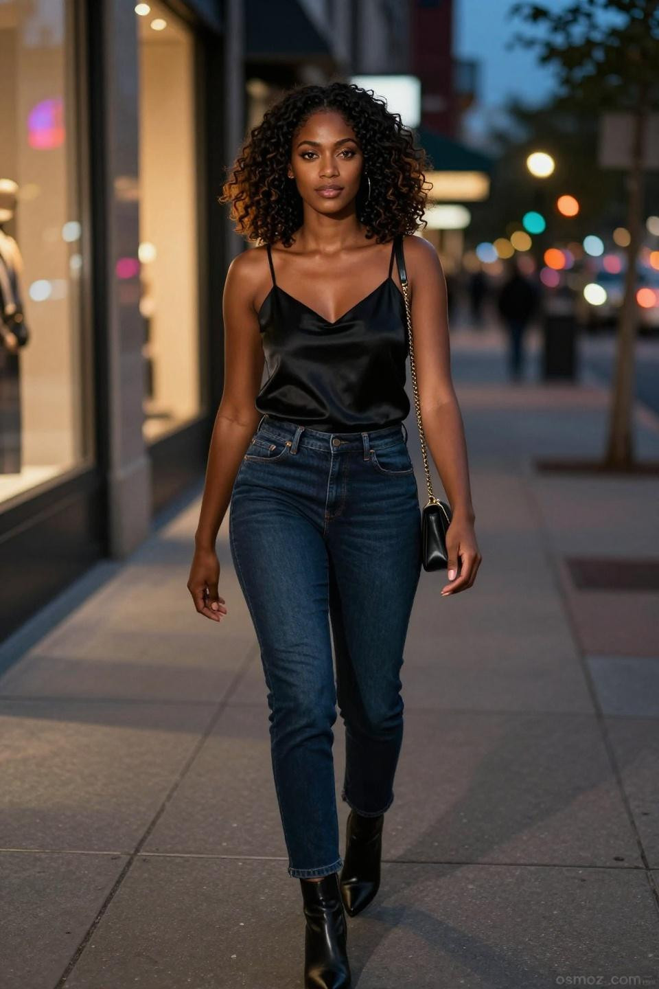 Going out outfits featuring black silk camisole with high-waisted denim for downtown evening