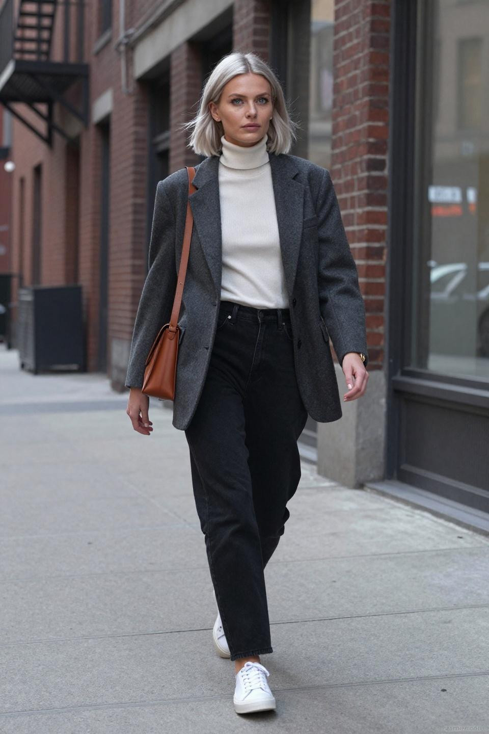 How to style black mom jeans with ivory turtleneck and blazer