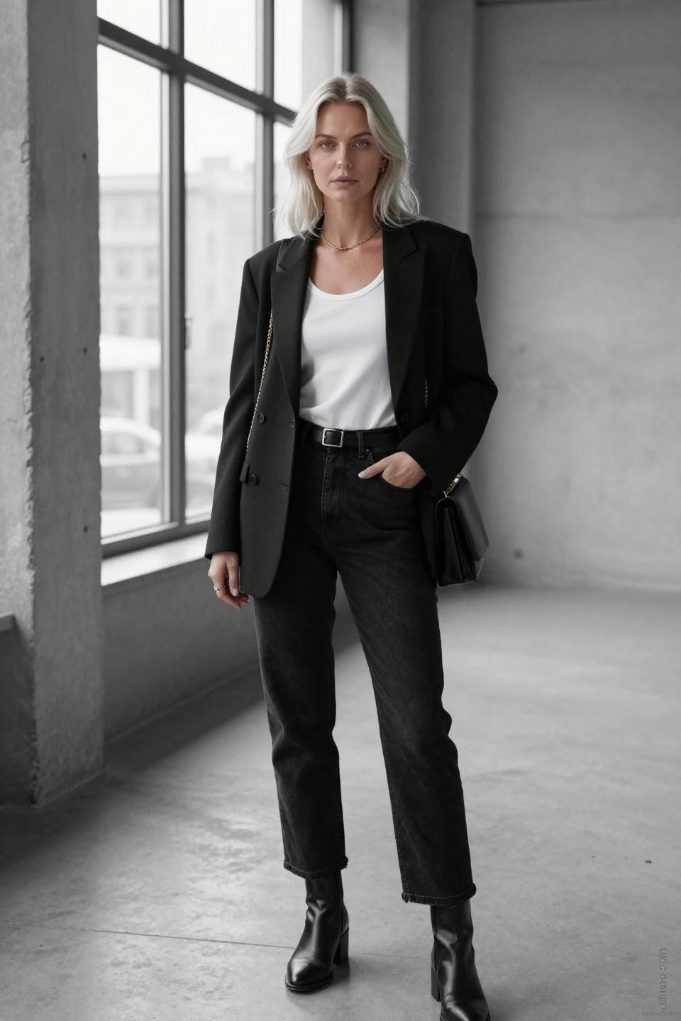 Black ripped jeans outfit with white tank and structured blazer