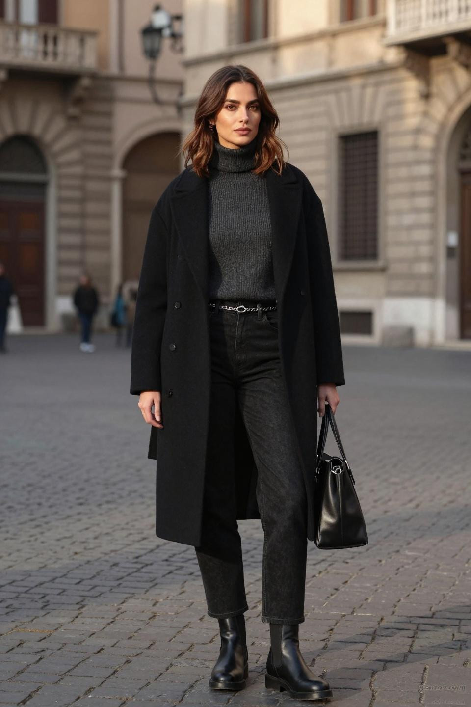 All black jeans outfit with charcoal turtleneck and wool coat