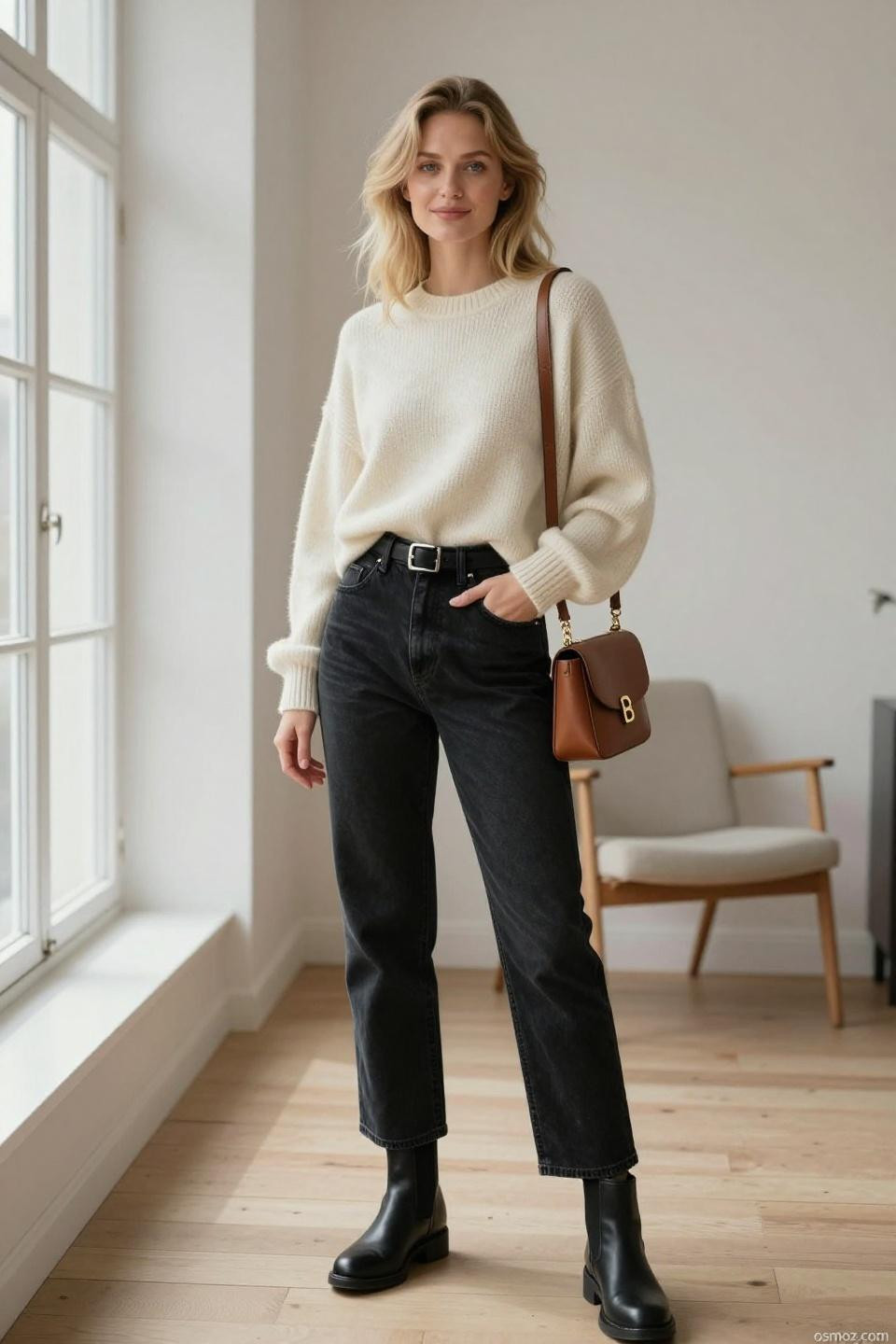 Faded black jeans outfit with oversized cream sweater