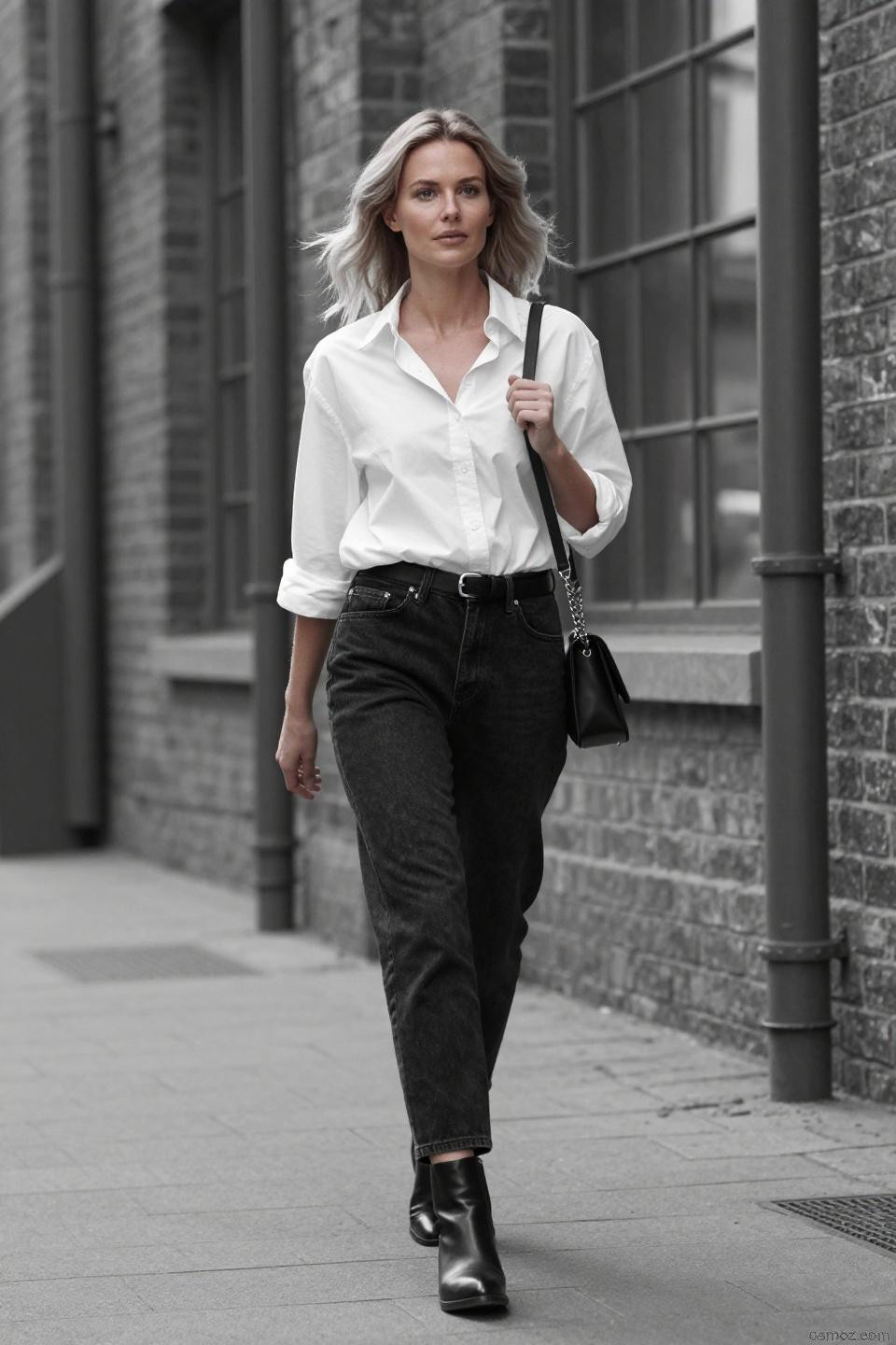 Black wash jeans outfit with white shirt in industrial setting