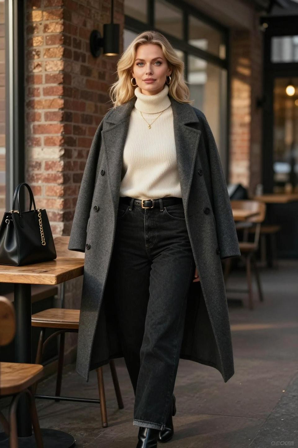 Black straight leg jeans outfit with cream turtleneck in coffee shop