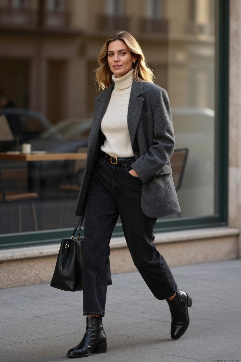 Black jeans outfit casual with cream turtleneck and blazer