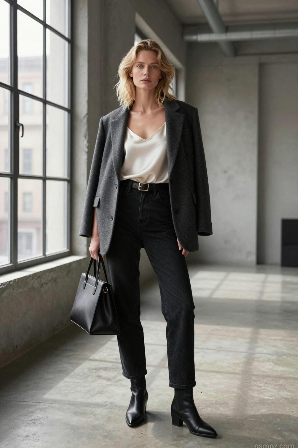 How to style black mom jeans with ivory camisole and draped blazer