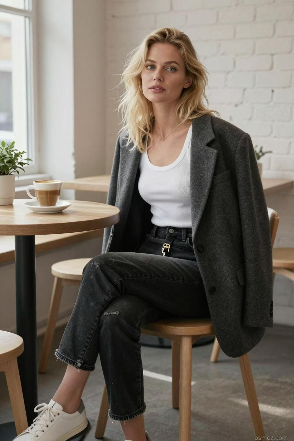All black jeans outfit with white tank and charcoal blazer
