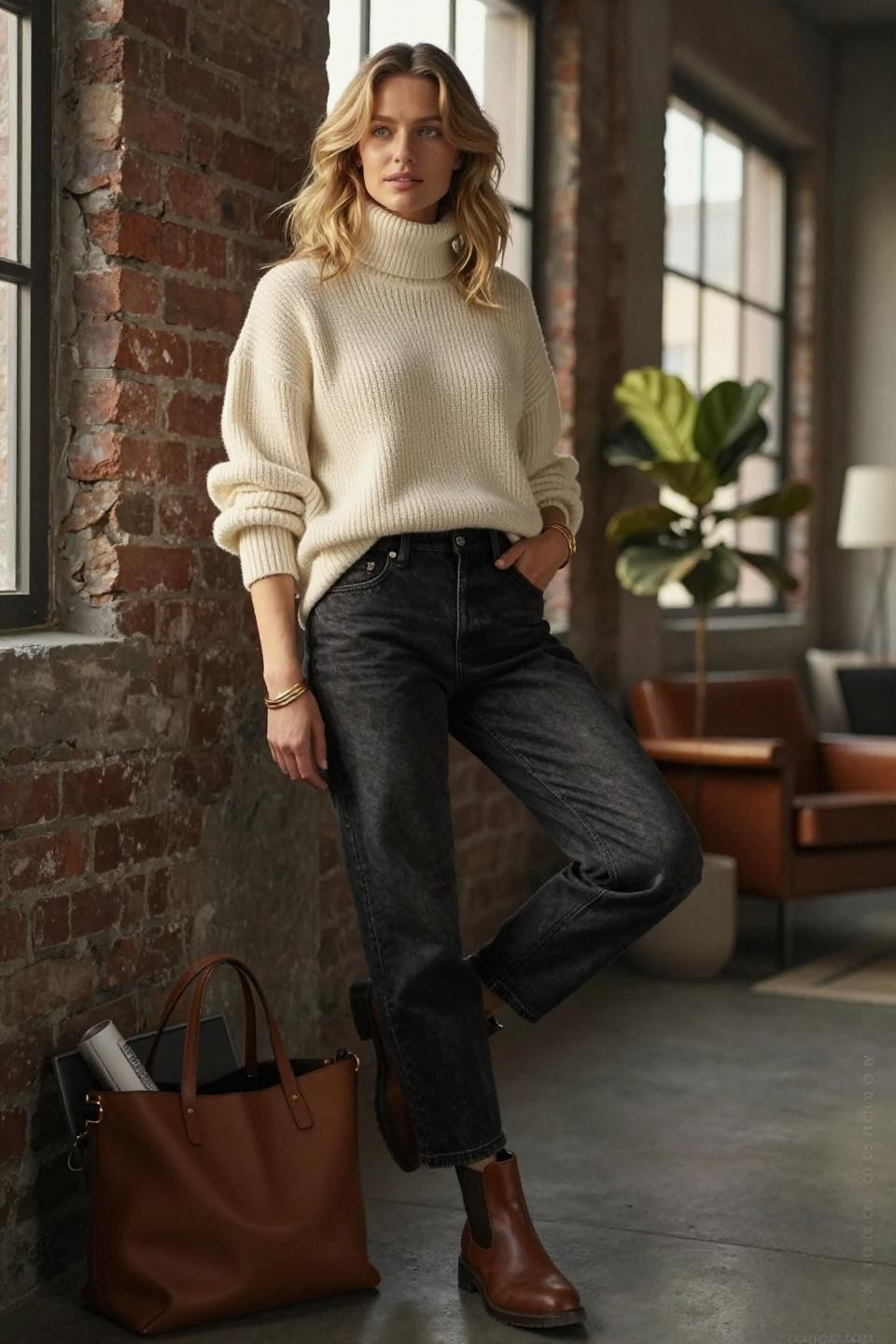 Faded black jeans outfit with cream ribbed turtleneck