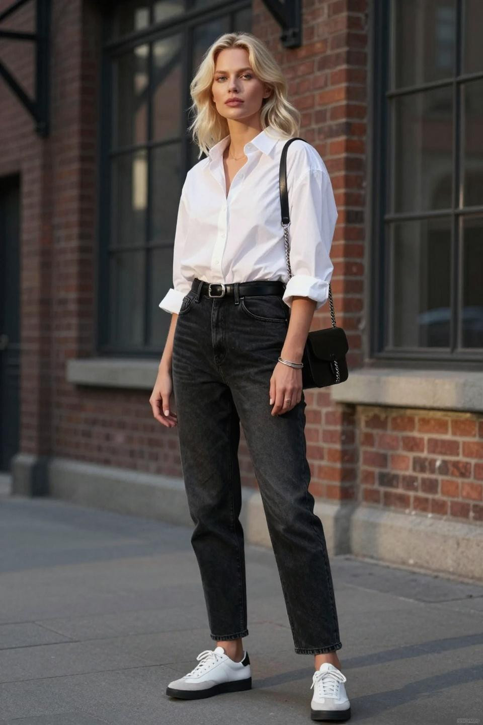 Black wash jeans outfit with white button-down and camel blazer