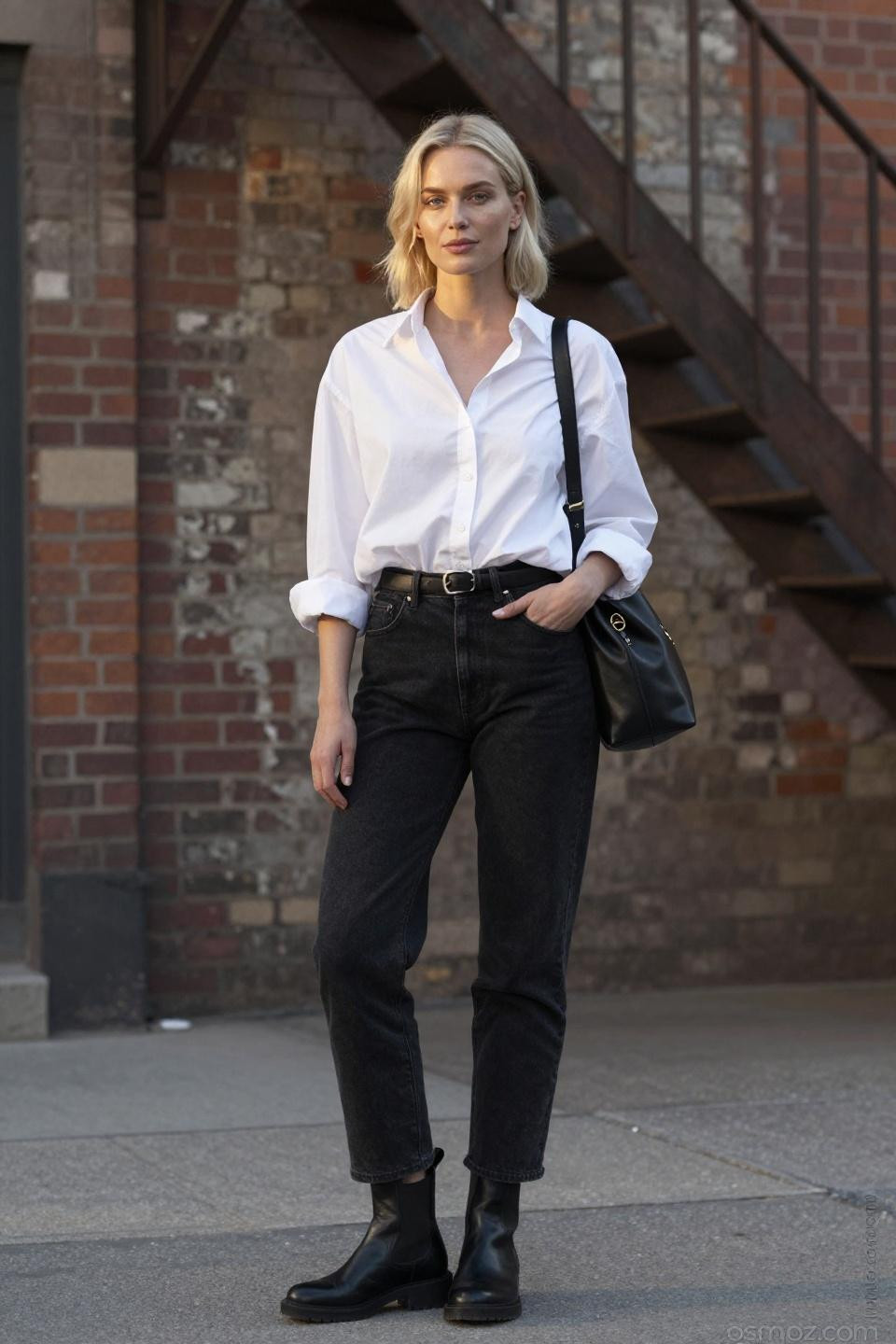 Black denim jeans outfit with oversized white button-down shirt