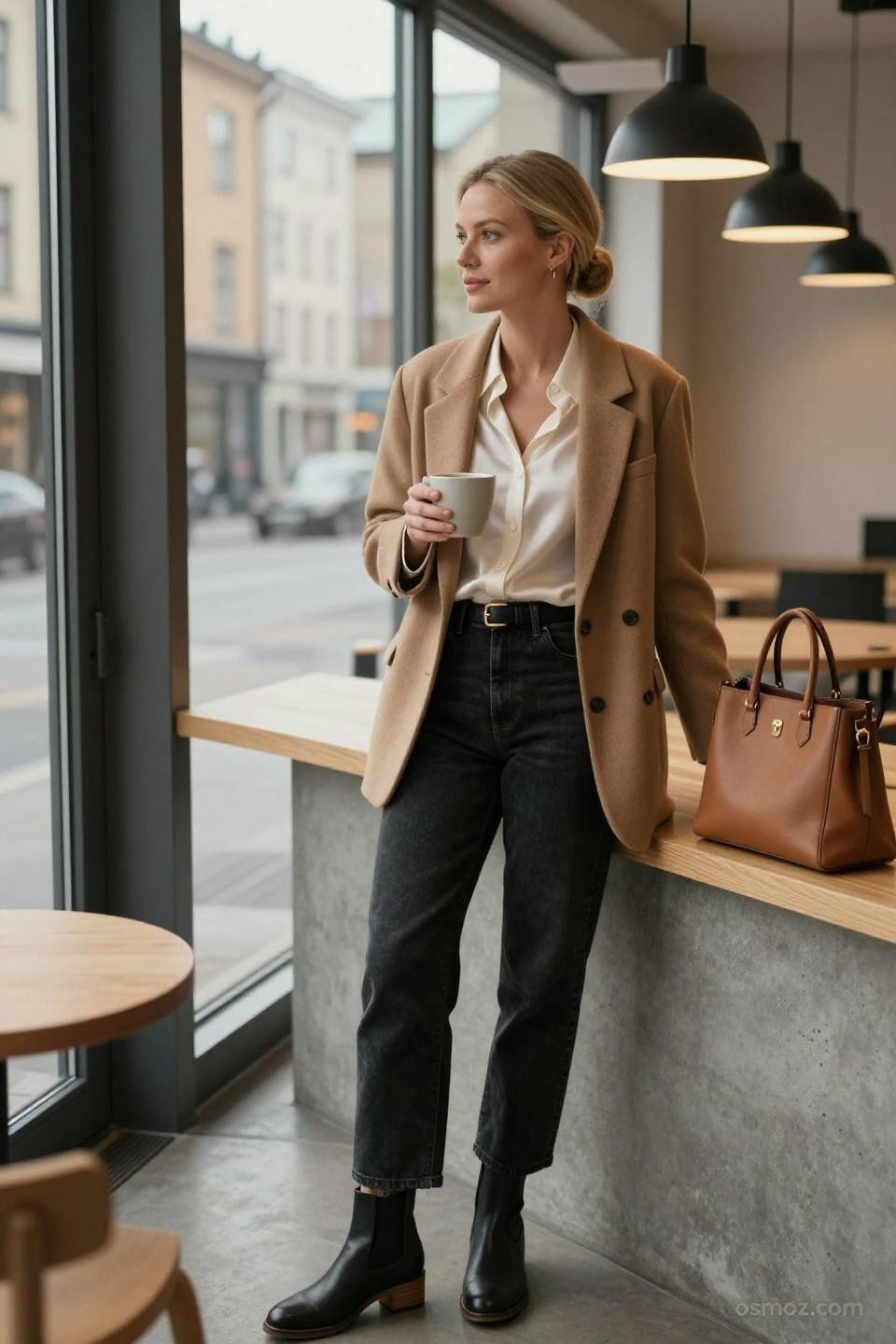 Black straight leg jeans outfit with ivory silk blouse and camel blazer