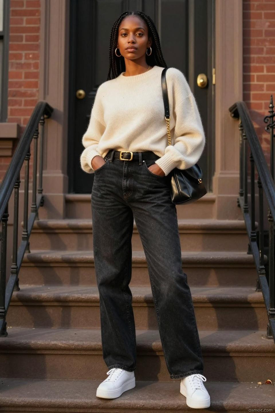 Baggy Black Jeans Outfit with oversized sweater and platform sneakers