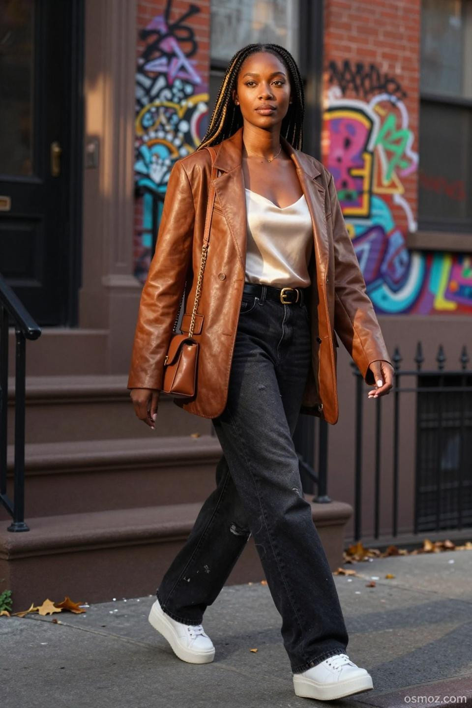 Outfits To Wear With Black Jeans with camel blazer and platform sneakers