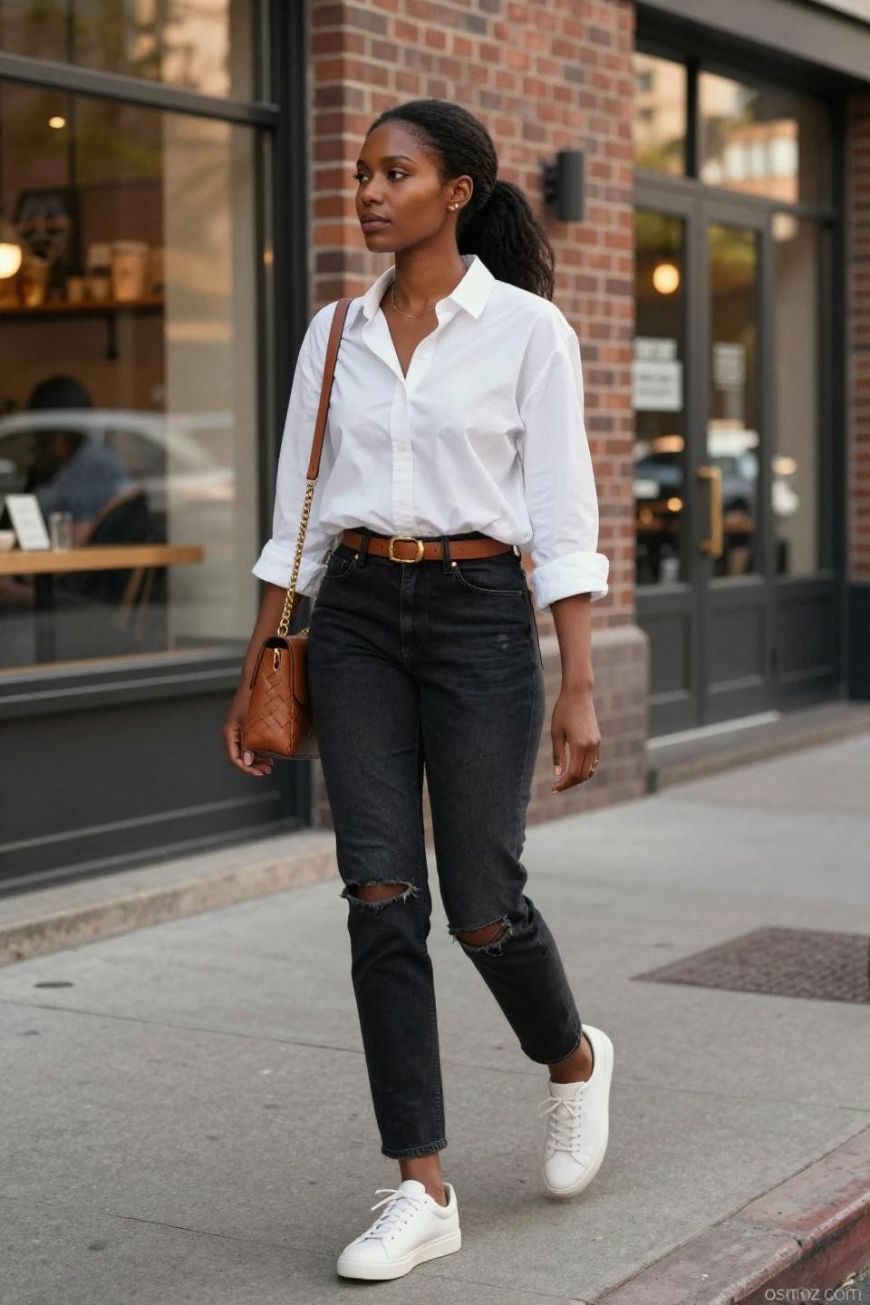 Black Jeans Outfit Trendy with white button-down and crossbody bag