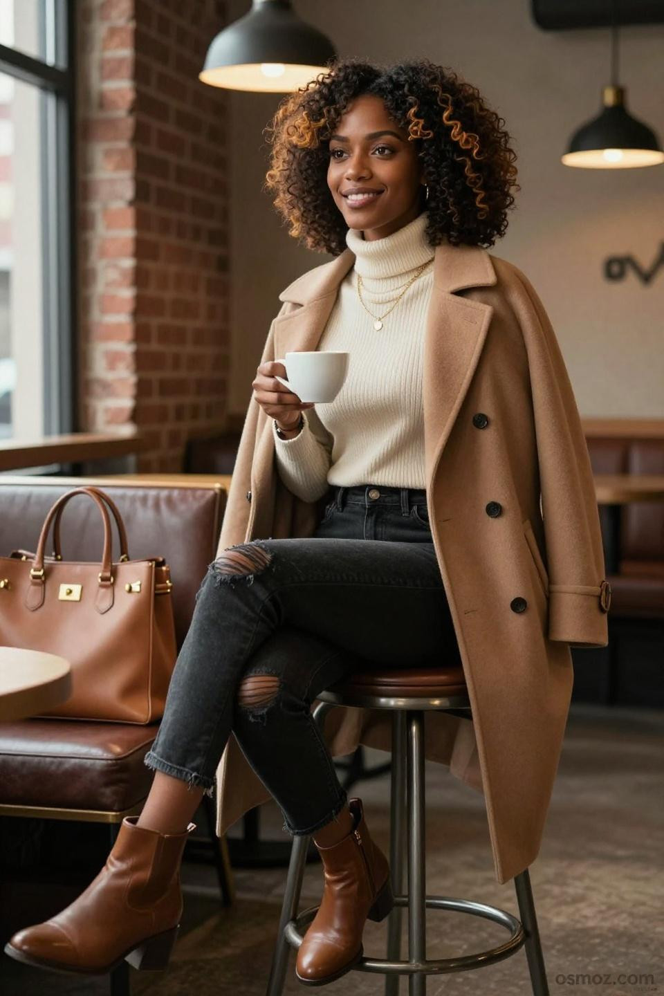 Fits With Black Jeans featuring camel coat and cognac accessories