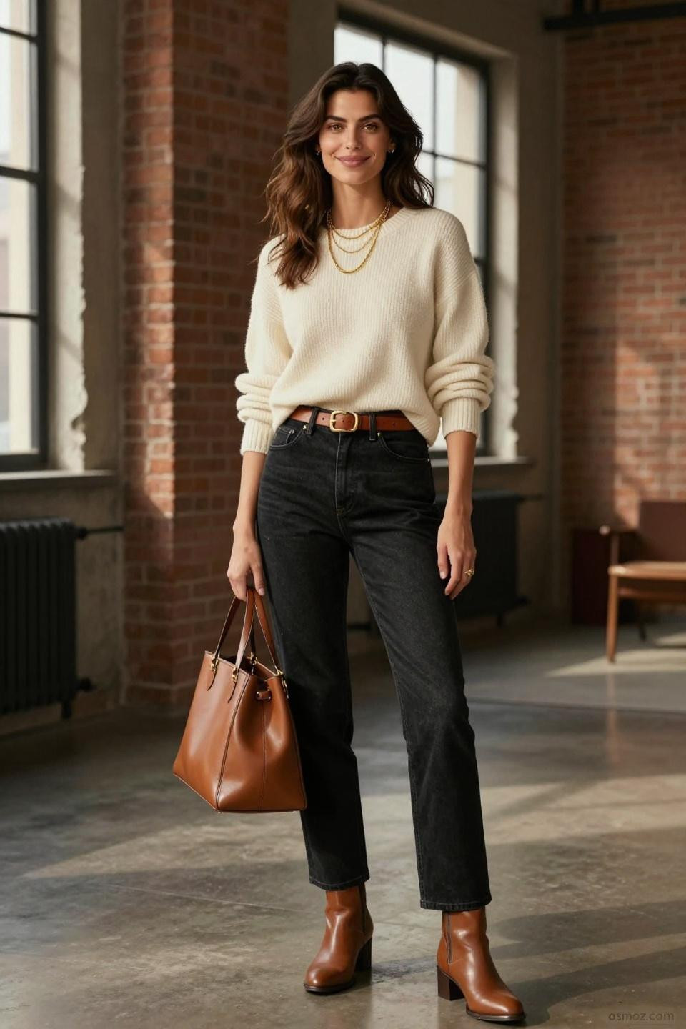 Black Jeans Pants Outfit with cream sweater and cognac accessories