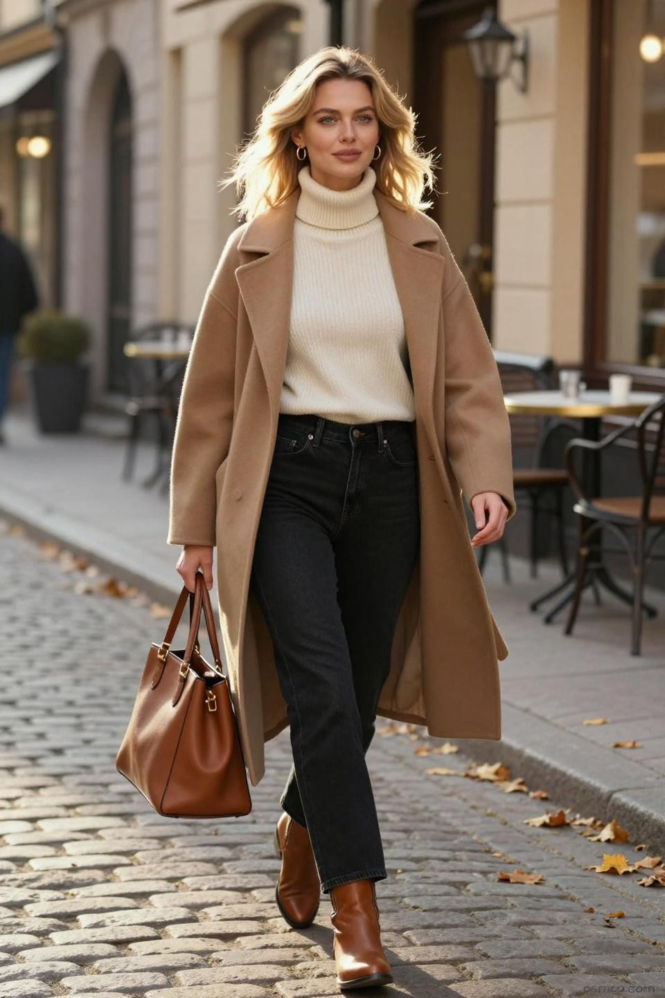 Black Denim Jeans Outfit with camel coat and cognac accessories