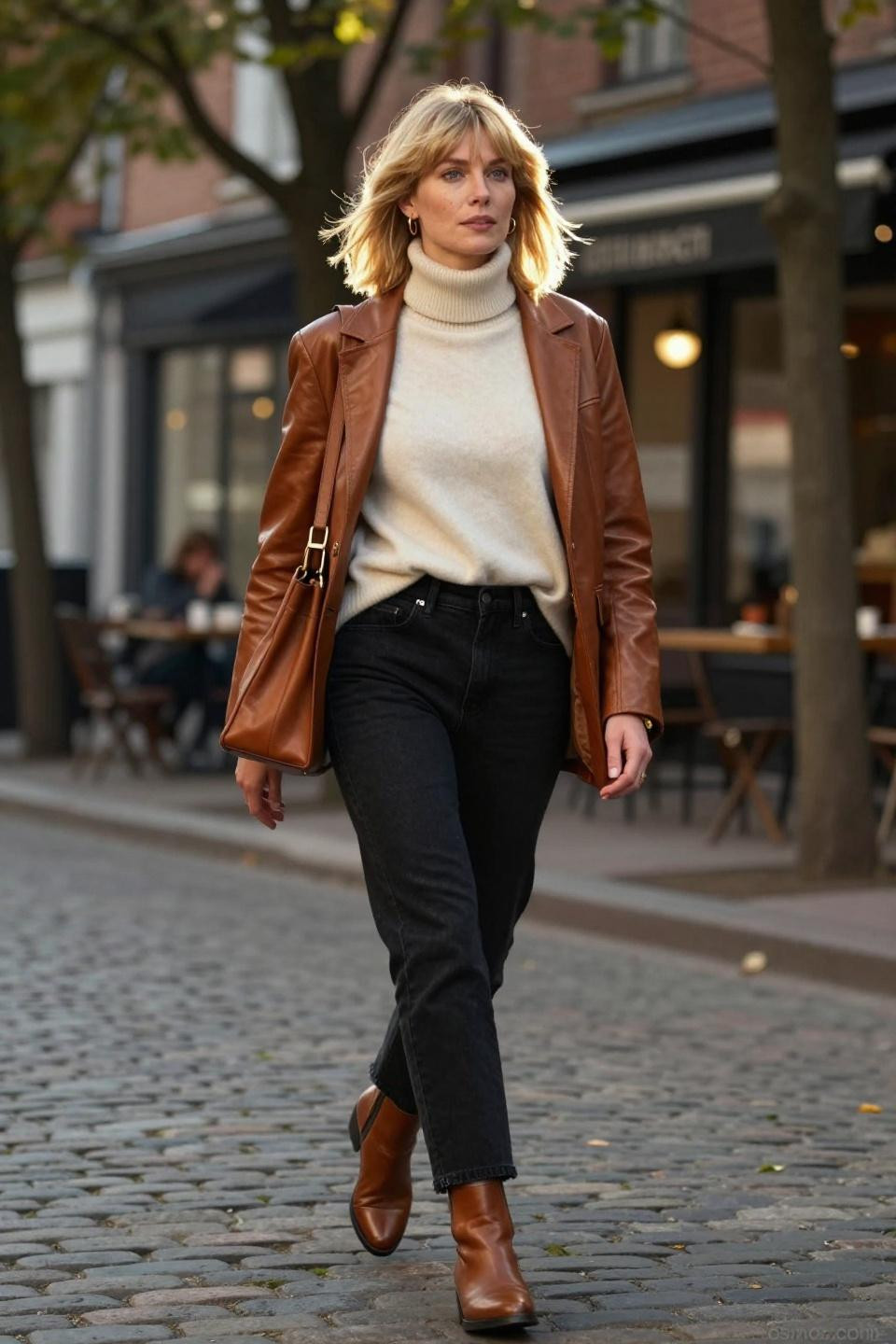 What To Wear With Black Jeans including cognac blazer and ankle boots