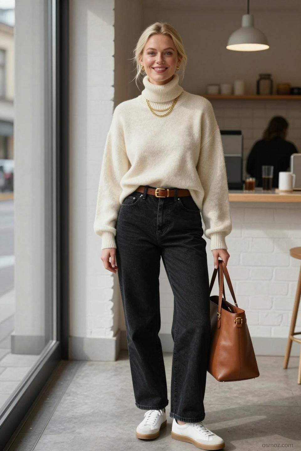 Baggy Black Jeans Outfit with cream turtleneck and white sneakers